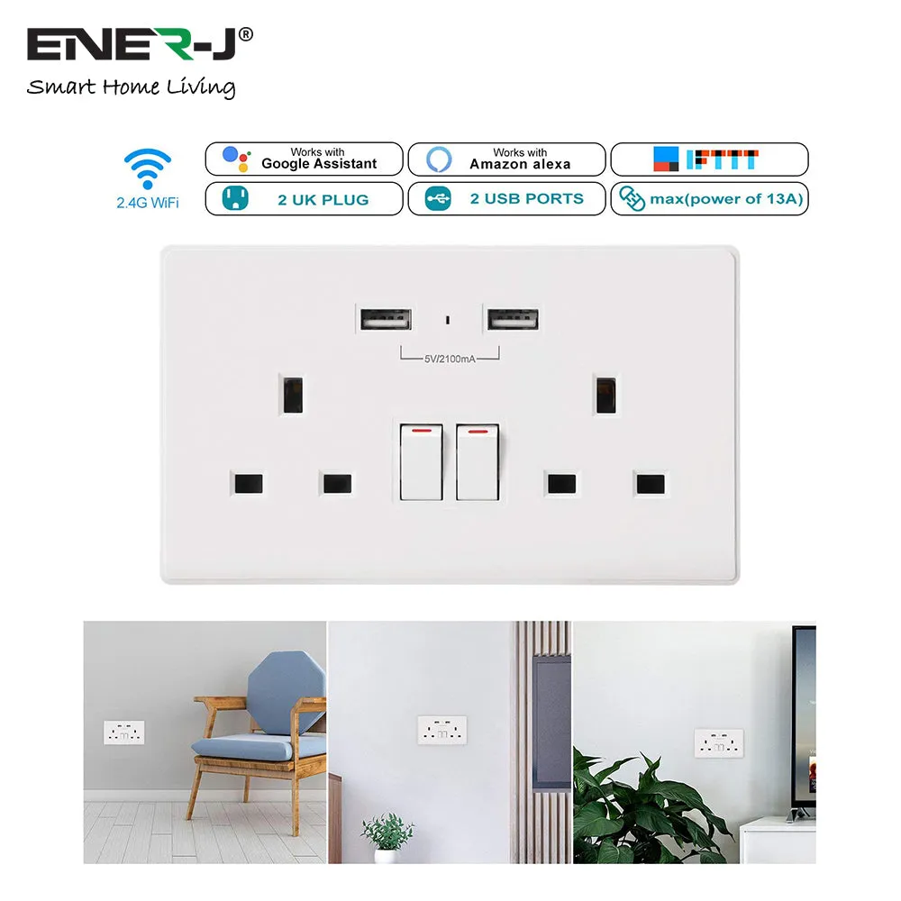 13A Smart WIFI Wall Socket with USB Socket Charger App Controlled Smart Switch Outlet Plug Works with Amazon Alexa Echo, Google Assistant