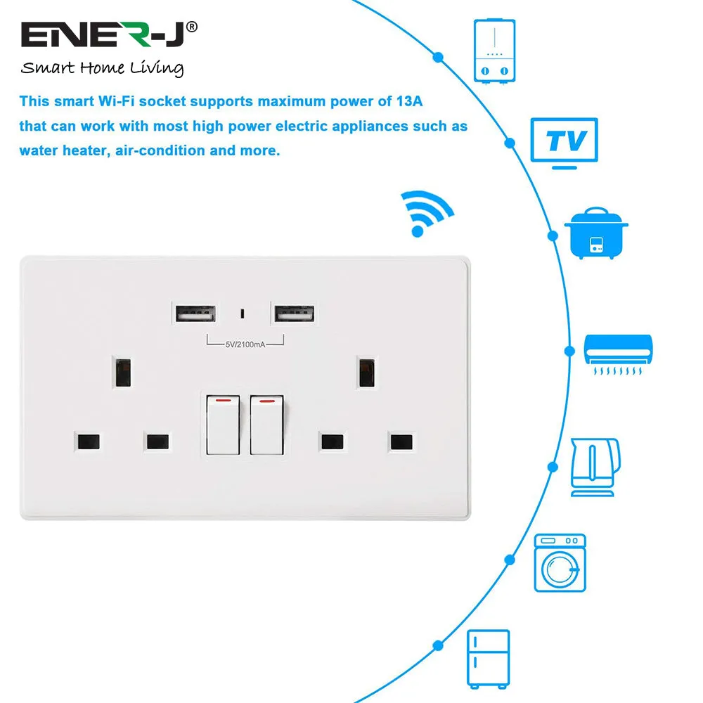 13A Smart WIFI Wall Socket with USB Socket Charger App Controlled Smart Switch Outlet Plug Works with Amazon Alexa Echo, Google Assistant