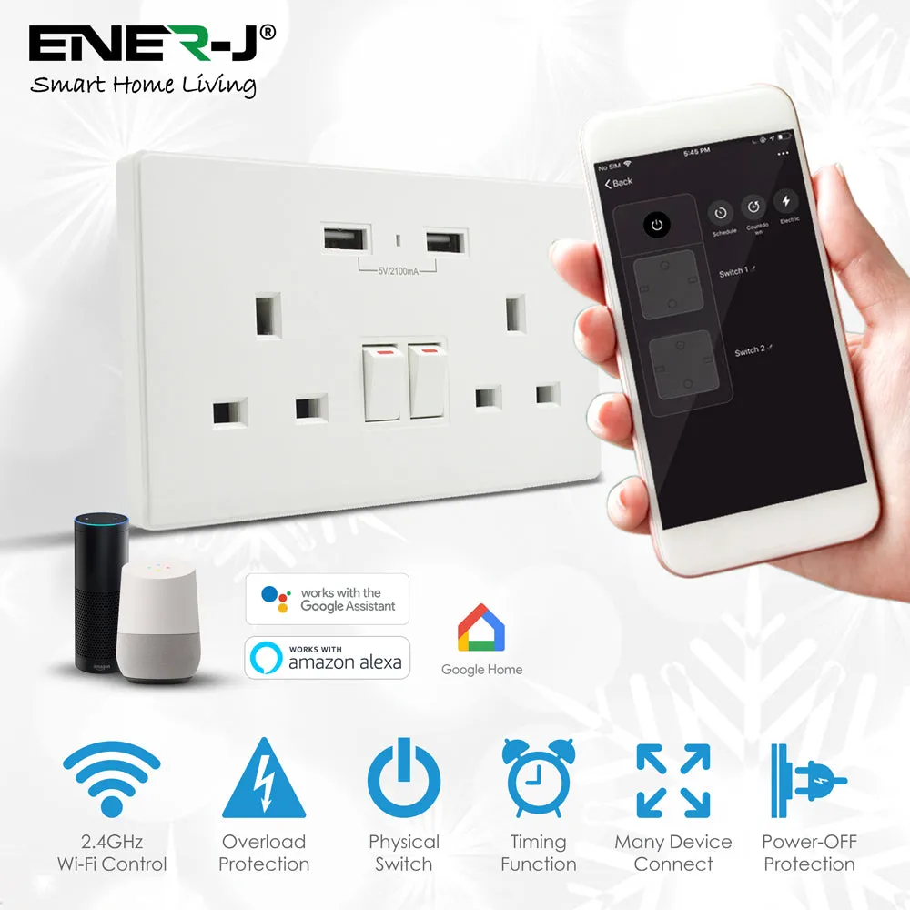 13A Smart WIFI Wall Socket with USB Socket Charger App Controlled Smart Switch Outlet Plug Works with Amazon Alexa Echo, Google Assistant