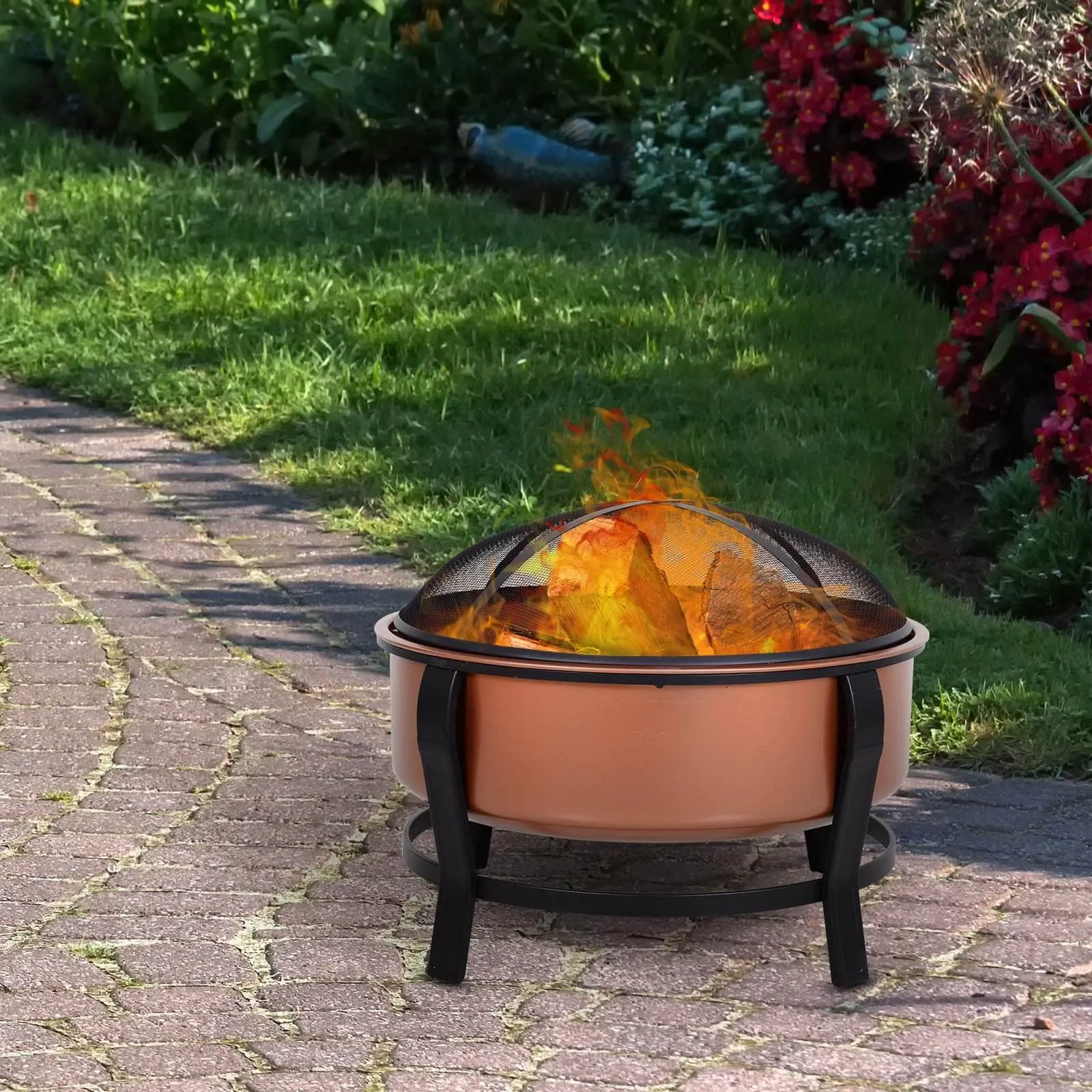 29.75 Inch Portable Wood Burning Round Outdoor Fire Pit Bowl in Copper and Black