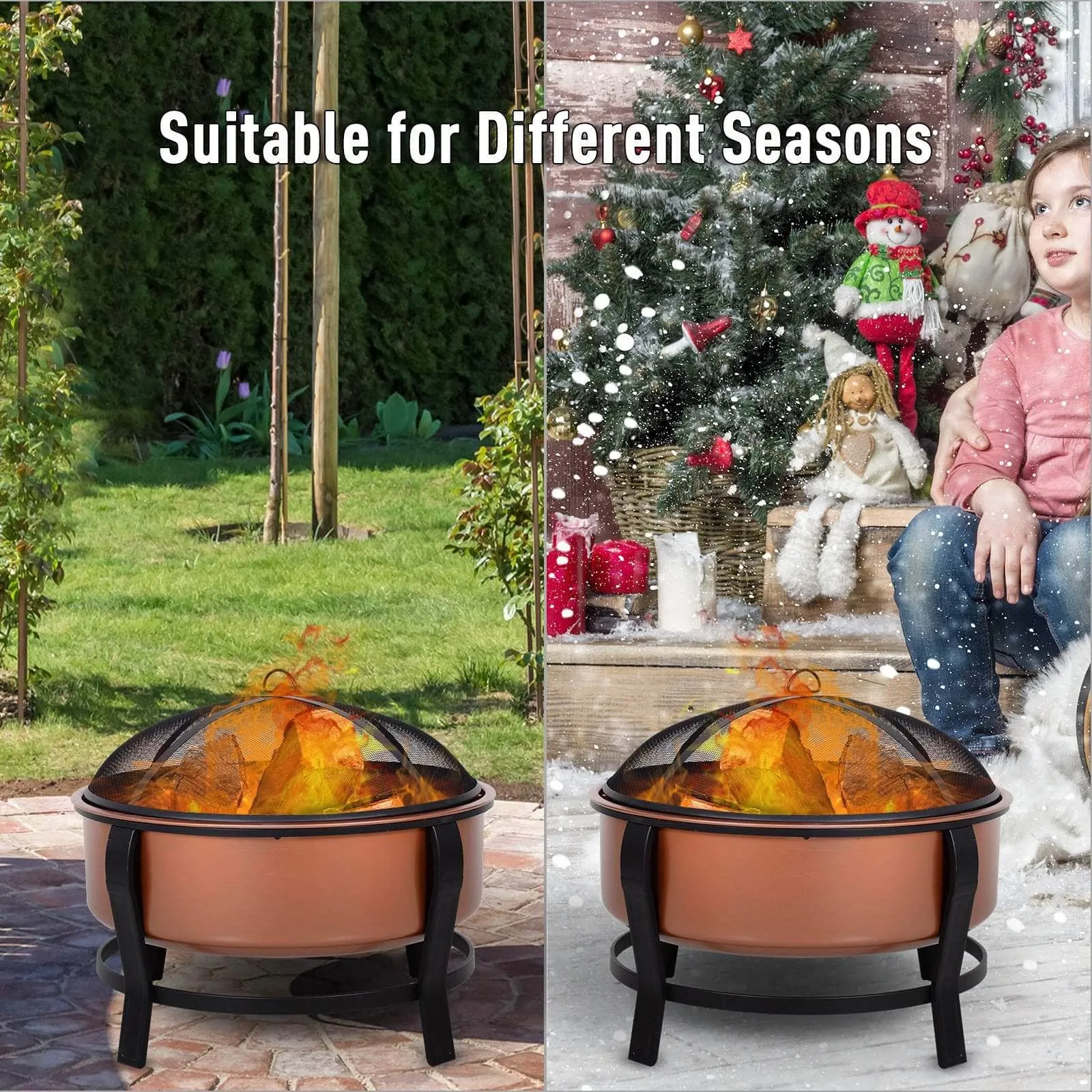 29.75 Inch Portable Wood Burning Round Outdoor Fire Pit Bowl in Copper and Black