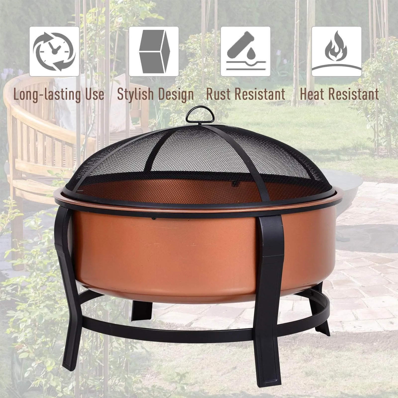 29.75 Inch Portable Wood Burning Round Outdoor Fire Pit Bowl in Copper and Black