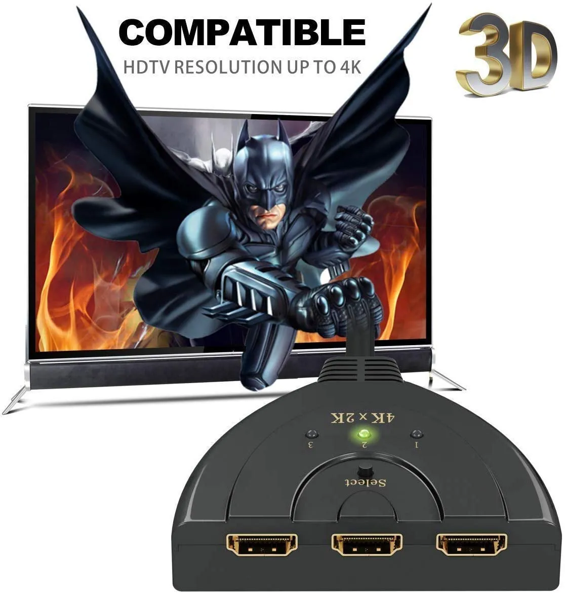 3 IN 1 HDMI Switcher 4 K 3 Port Switch with Pigtail HDMI Cable for HD TV, PC, Projector Media Streaming Device (Black)