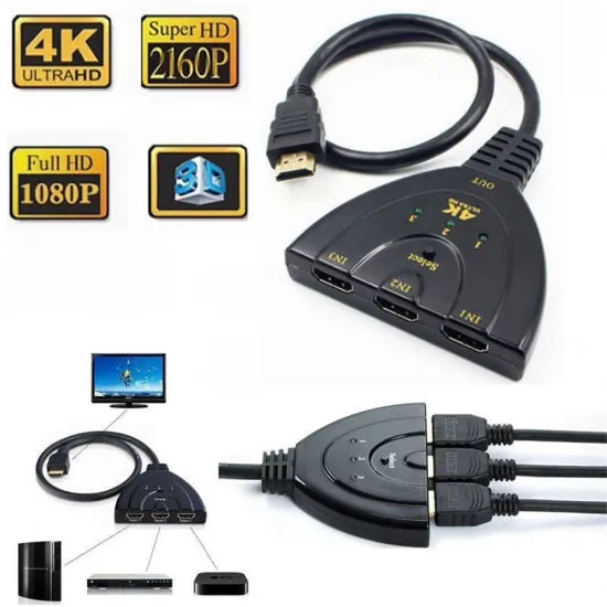 3 IN 1 HDMI Switcher 4 K 3 Port Switch with Pigtail HDMI Cable for HD TV, PC, Projector Media Streaming Device (Black)