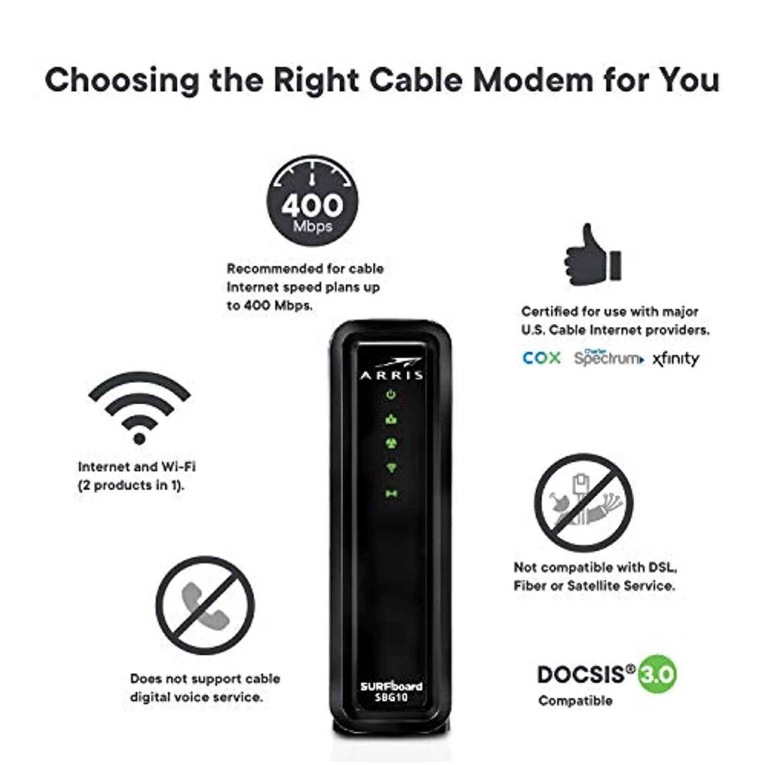 3.0 Cable Modem & AC1600 Dual Band Wi-Fi Router, Approved for Cox, Spectrum, Xfinity