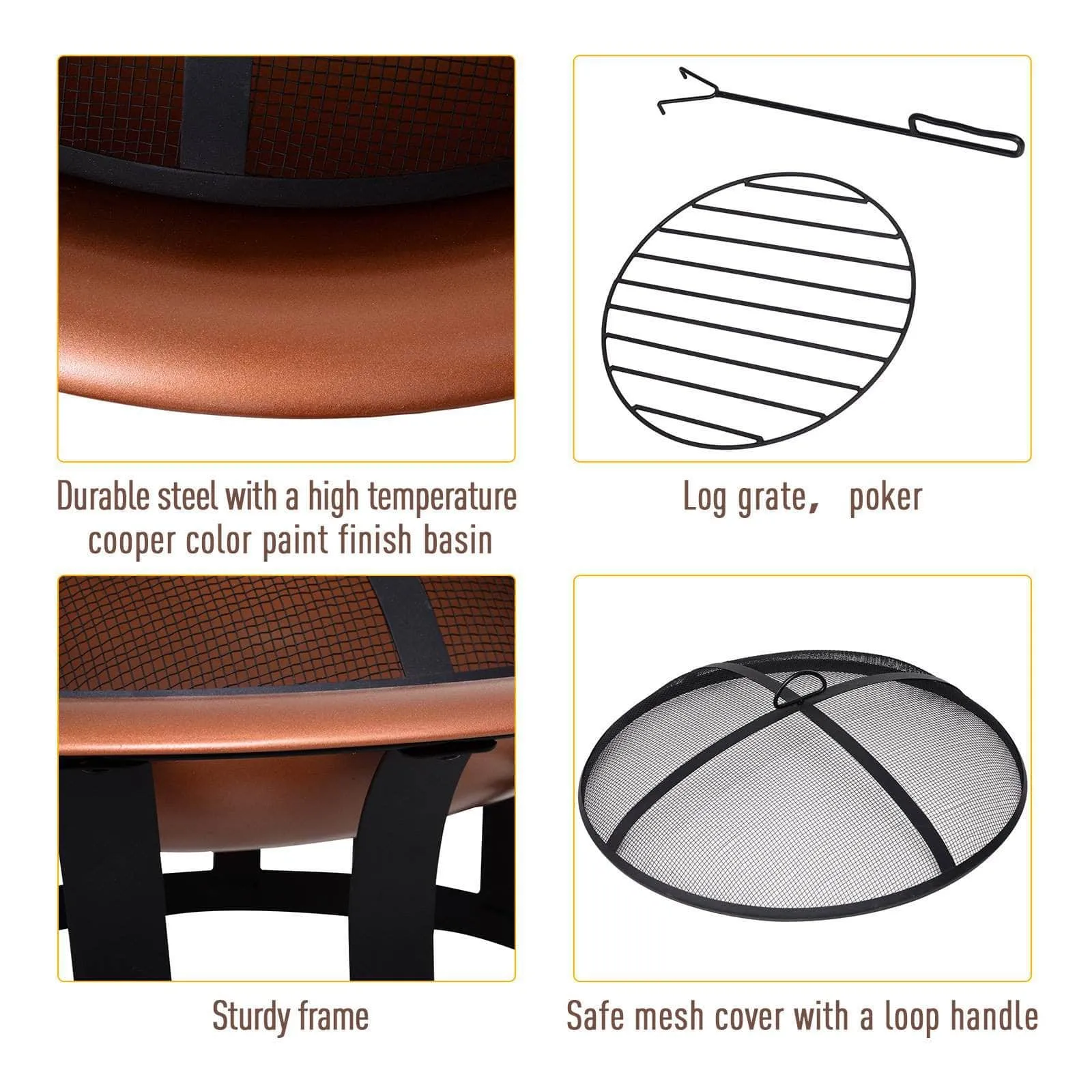 30 Inch Portable Wood Burning Round Steel Outdoor Fire Pit with Copper Basin and Black Frame