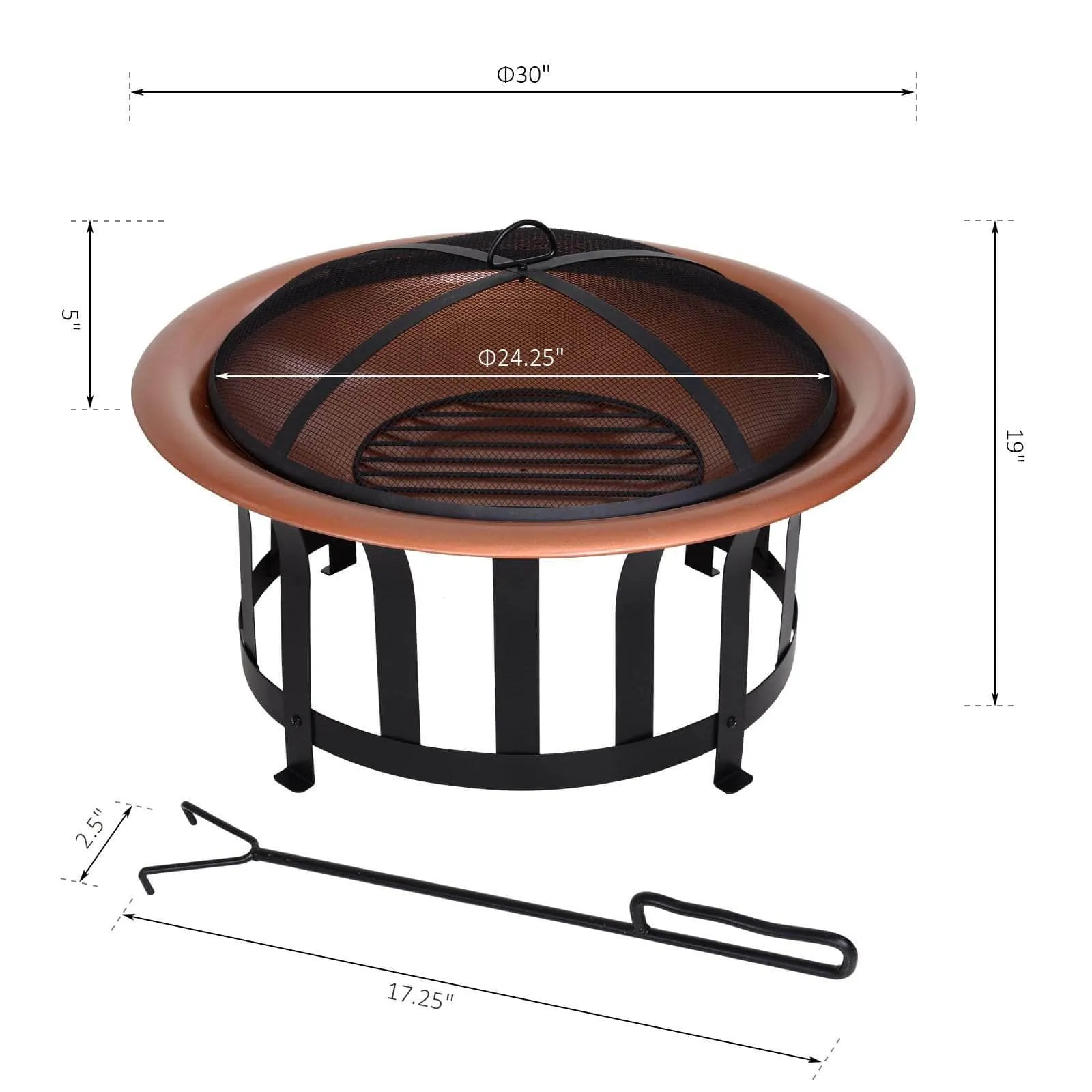 30 Inch Portable Wood Burning Round Steel Outdoor Fire Pit with Copper Basin and Black Frame