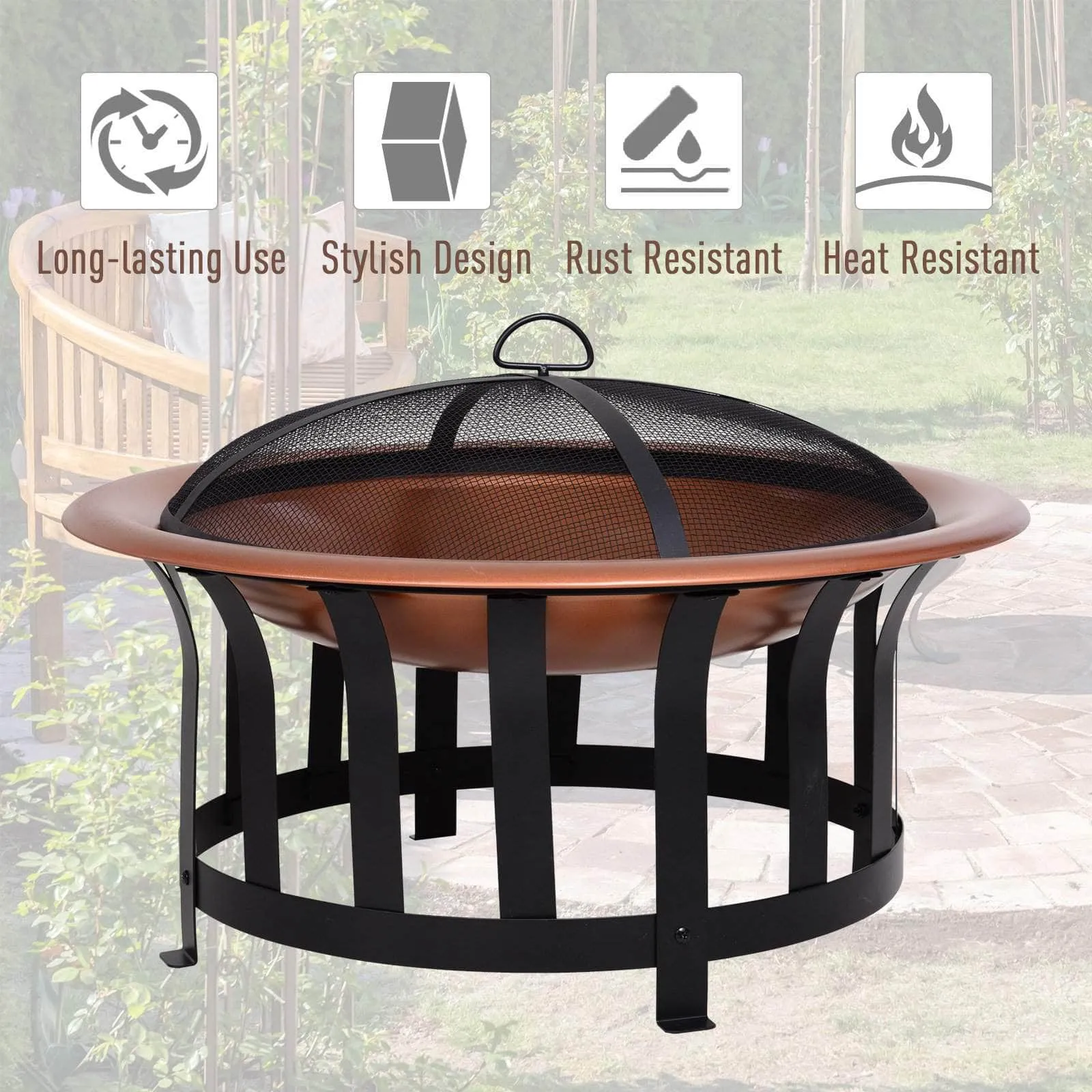 30 Inch Portable Wood Burning Round Steel Outdoor Fire Pit with Copper Basin and Black Frame