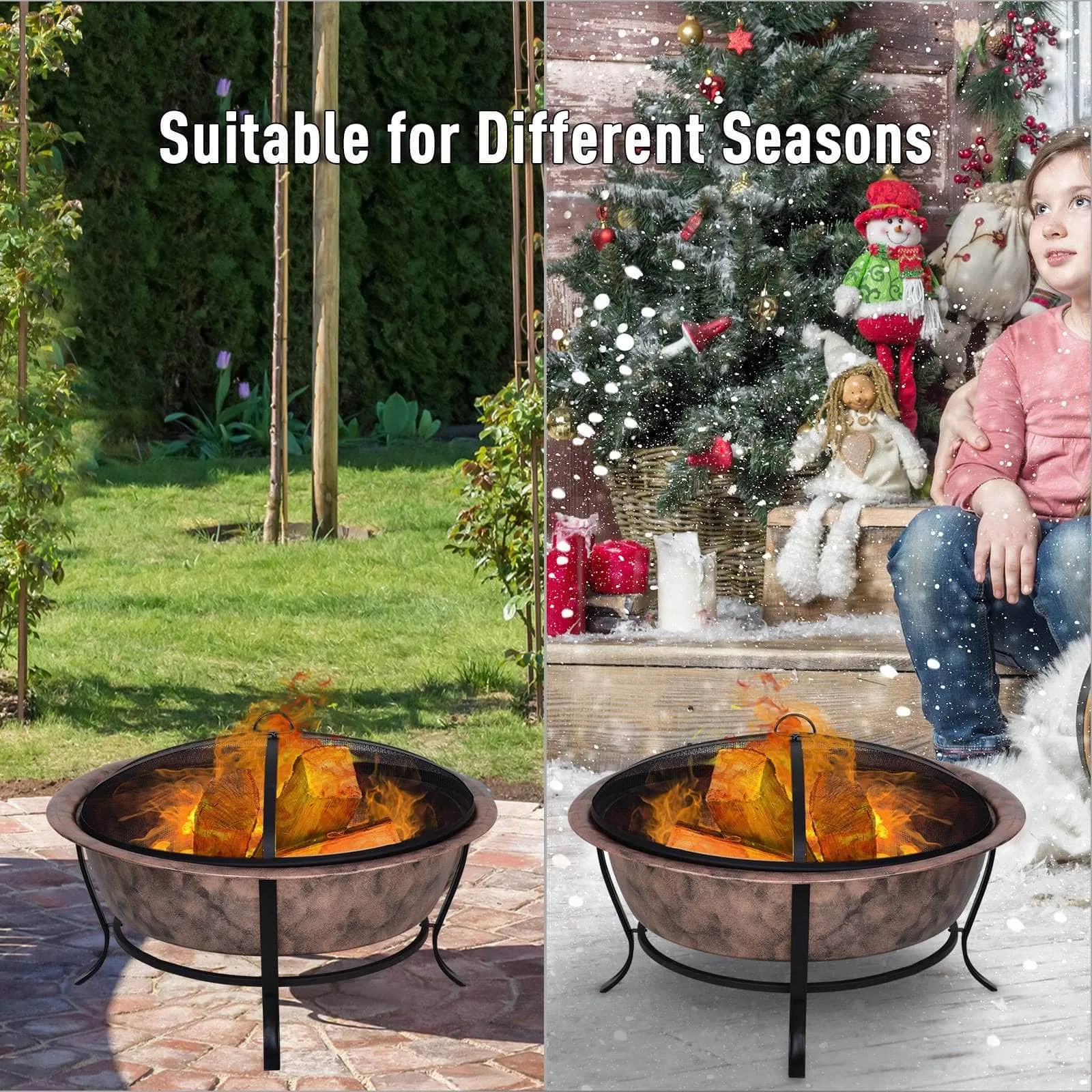 35 Inch Portable Wood Burning Round Steel Outdoor Fire Pit with Copper Basin and Black Frame