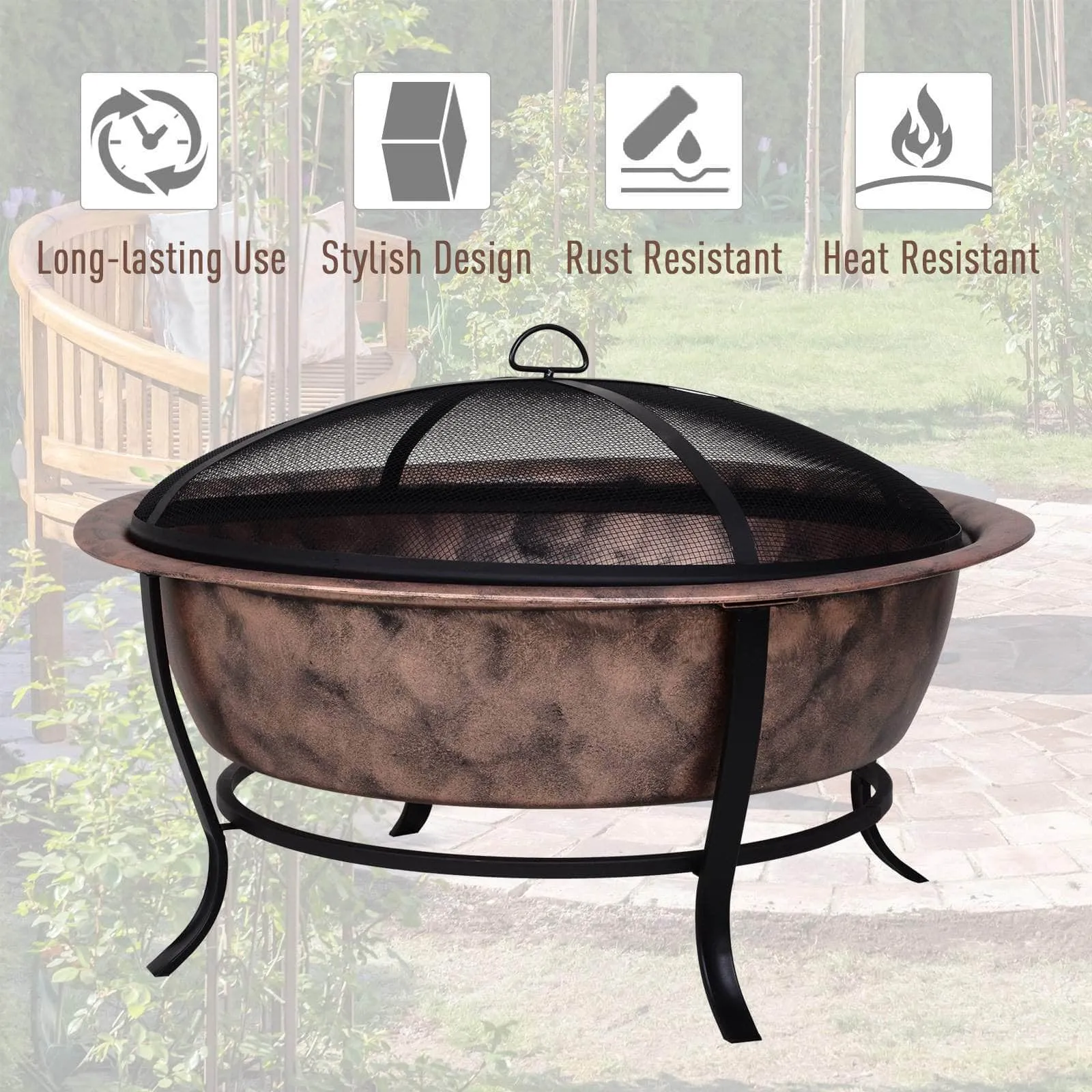 35 Inch Portable Wood Burning Round Steel Outdoor Fire Pit with Copper Basin and Black Frame