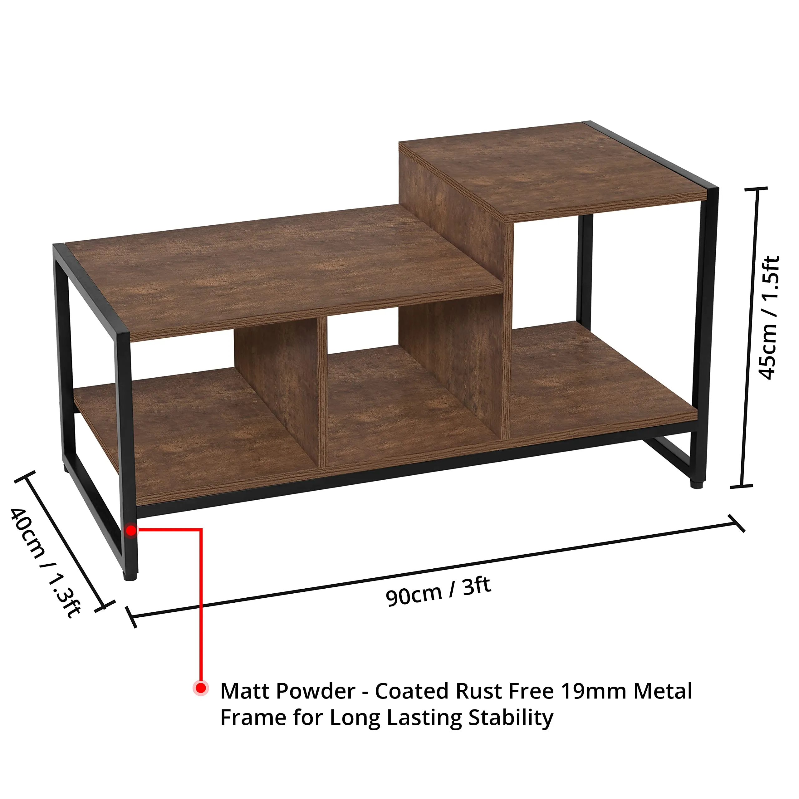 ABOUT SPACE Coffee Table with Storage - Space Saving Tipoy for Living Room with 3 Storage Compartment Engineered Wood DIY Center Table Teapoy with Metal Leg & Adjustable Footpad (Brown-L90xB40xH45 cm)