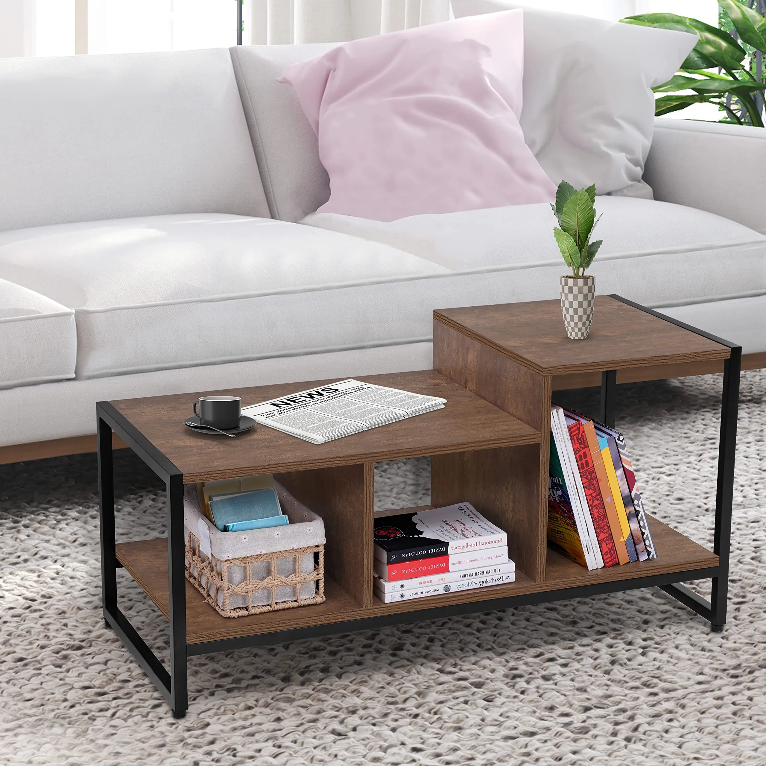 ABOUT SPACE Coffee Table with Storage - Space Saving Tipoy for Living Room with 3 Storage Compartment Engineered Wood DIY Center Table Teapoy with Metal Leg & Adjustable Footpad (Brown-L90xB40xH45 cm)