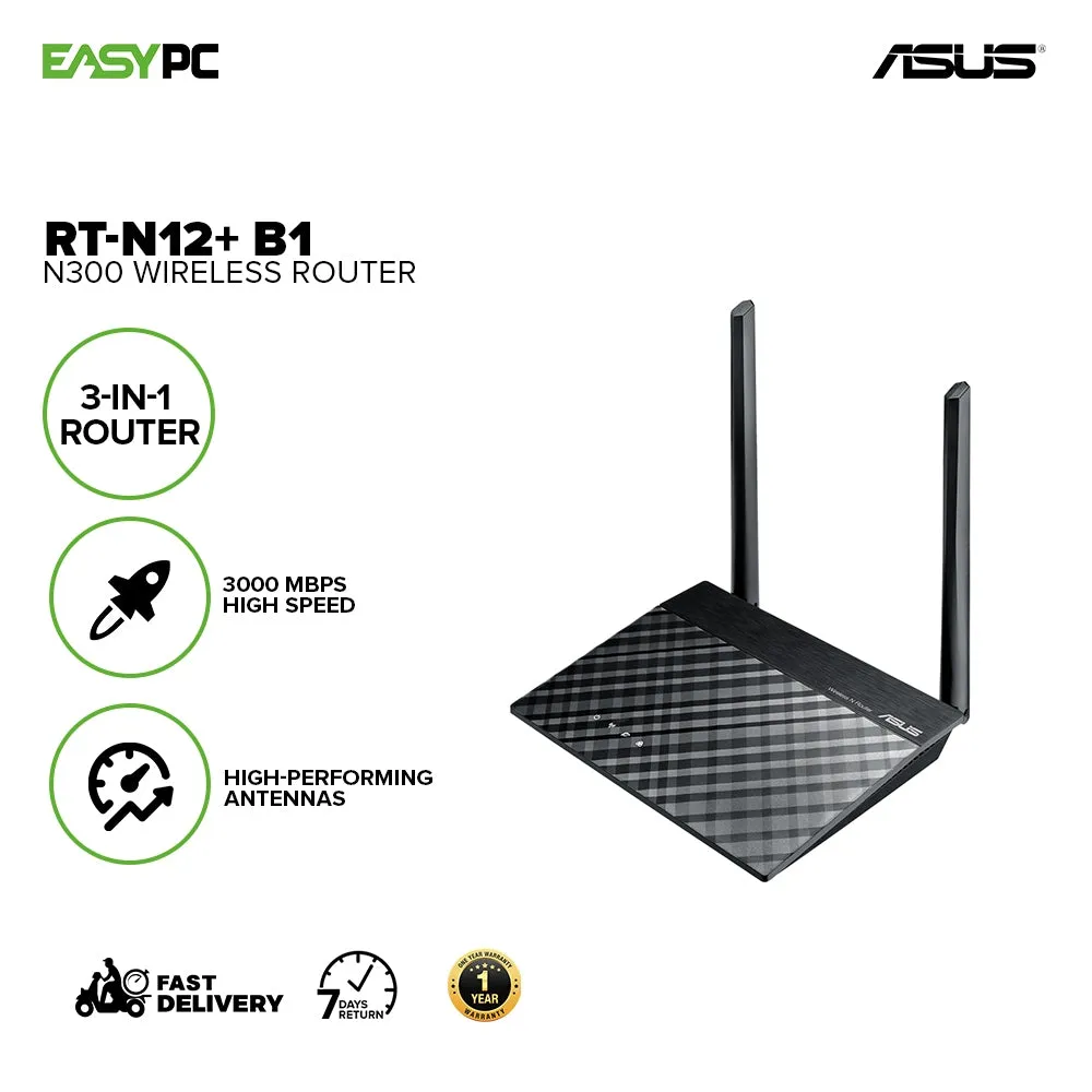 ASUS RT-N12  B1 N300,3-in-1 Router, 3000 MBPS high speed, Repeater Access Point wireless modes 2 external high-performance antennas Wireless Router