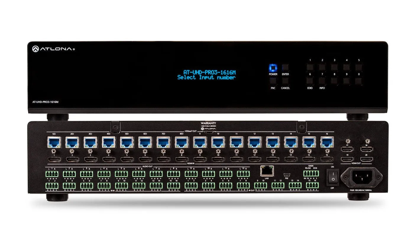 Atlona AT-UHD-PRO3-1616M 4K/UHD Dual-Distance 16x16 HDMI to HDBaseT Matrix Switcher with PoE