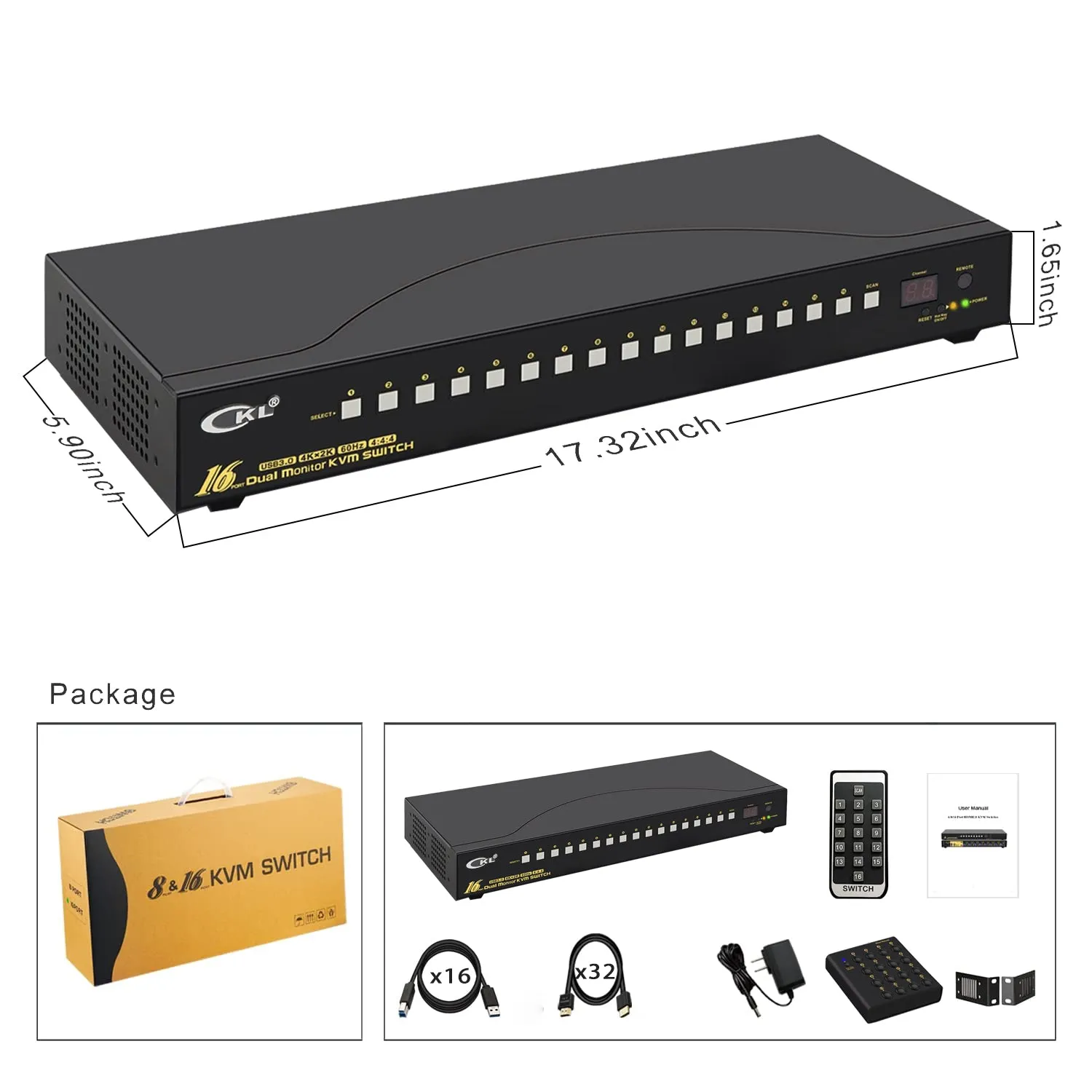 CKL 16 Port USB 3.0 Rack Mount HDMI KVM Switch Dual Monitor 4K@60Hz with Audio, 2 Integrated USB 3.0 Hub and Cables, Keyboard Mouse Hotkey Switcher Box Supports IR Remote RS232 Control （CKL-9216H-3)