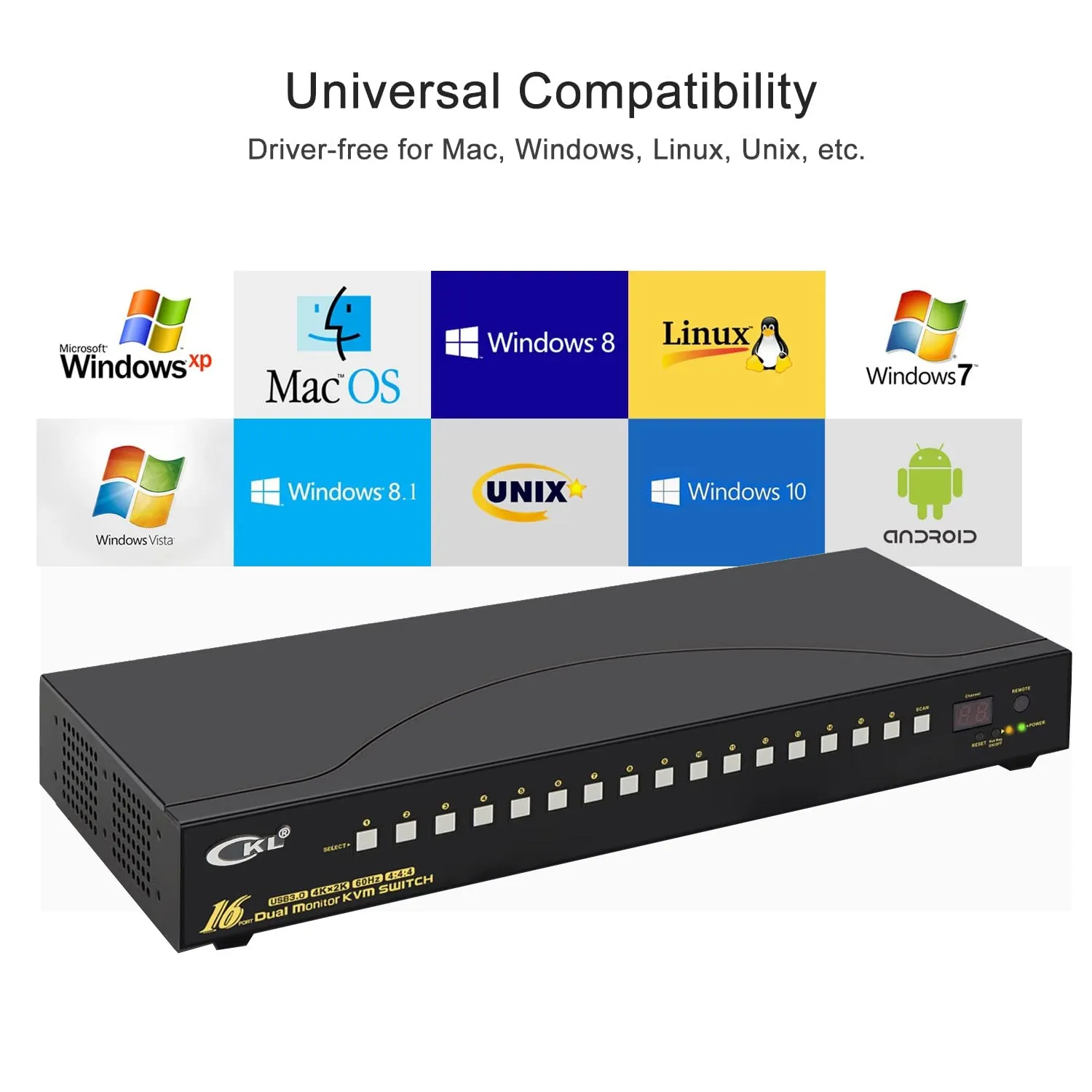 CKL 16 Port USB 3.0 Rack Mount HDMI KVM Switch Dual Monitor 4K@60Hz with Audio, 2 Integrated USB 3.0 Hub and Cables, Keyboard Mouse Hotkey Switcher Box Supports IR Remote RS232 Control （CKL-9216H-3)