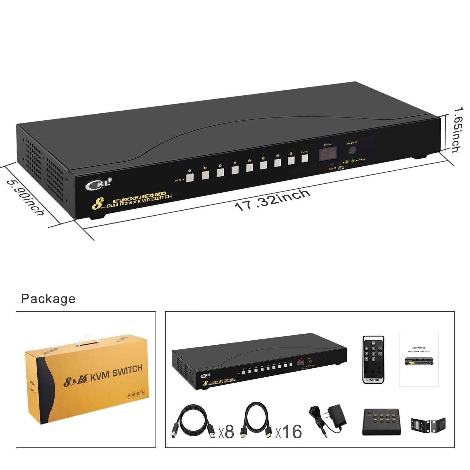 CKL 8 Port USB 3.0 Rack Mount HDMI KVM Switch Dual Monitor 4K@60Hz with Audio, 2 Integrated USB 3.0 Hub and Cables, Keyboard Mouse Hotkey Switcher Box Supports IR Remote （CKL-9238H-3)