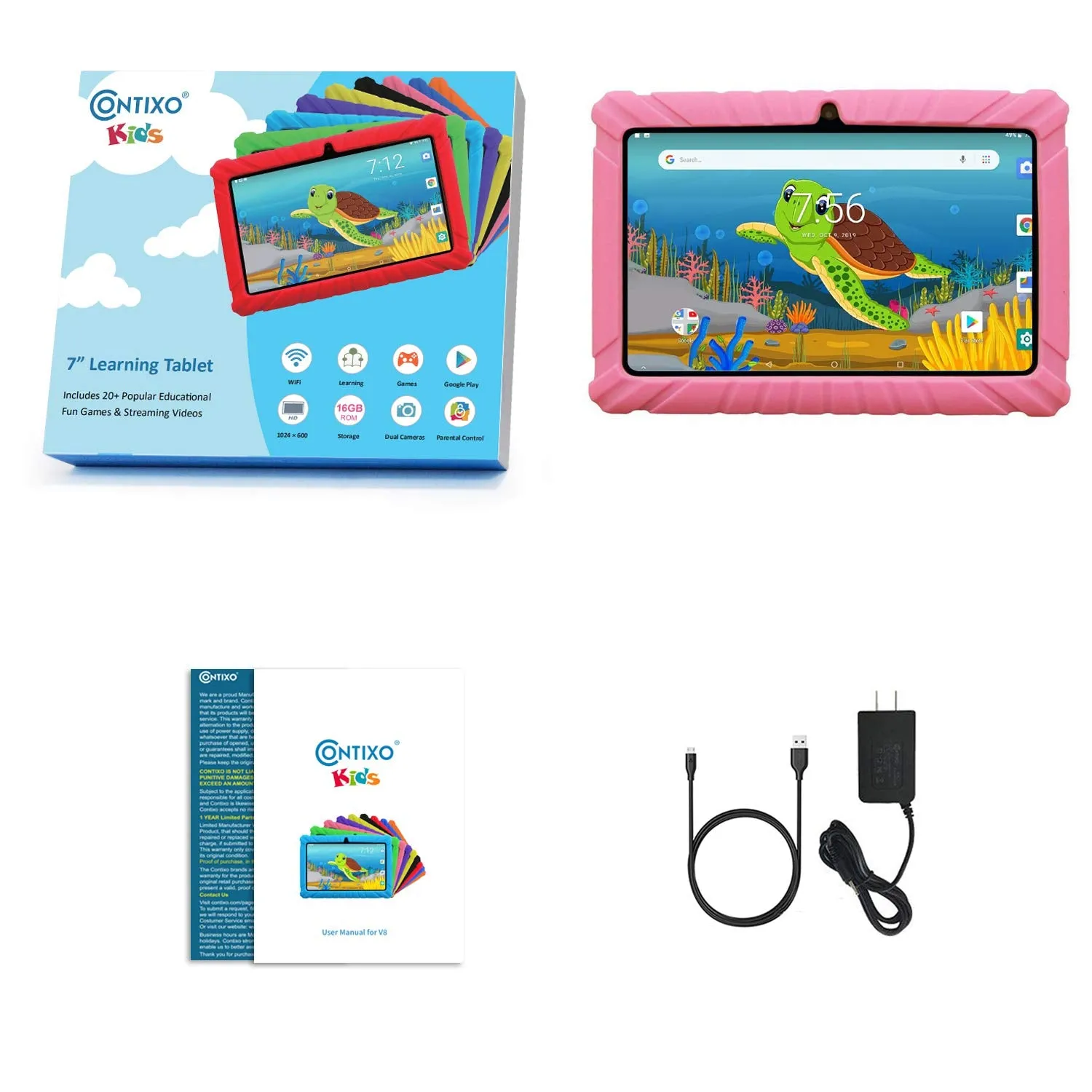 Contixo V8-2 Edition Android 16GB Kids Tablet Parental Control 20 Learning Education Tablet for Kids 7", Pink