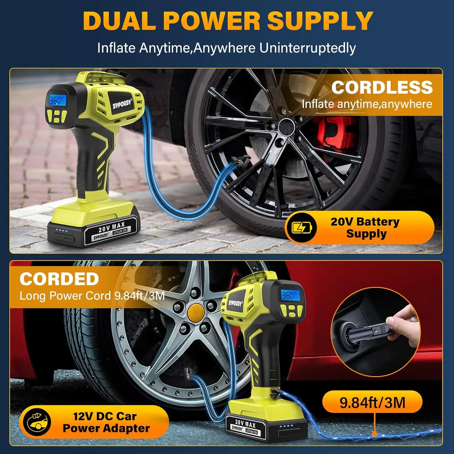 Cordless Tire Inflator – Portable 20V Air Pump with Dual Power Modes for Car Tires and E-Bikes