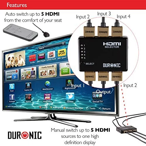 Duronic HDMI Switch Box [ HRS1051 ] 5 Port HDMI Auto Switcher, PLUS Remote, 5x1 Hub - 5 Way Input/1 Way Output), 1080p High Definition, Sky  HD, Virgin, PS3, PS4, Xbox, Freeview, DVD & BluRay