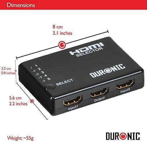 Duronic HDMI Switch Box [ HRS1051 ] 5 Port HDMI Auto Switcher, PLUS Remote, 5x1 Hub - 5 Way Input/1 Way Output), 1080p High Definition, Sky  HD, Virgin, PS3, PS4, Xbox, Freeview, DVD & BluRay