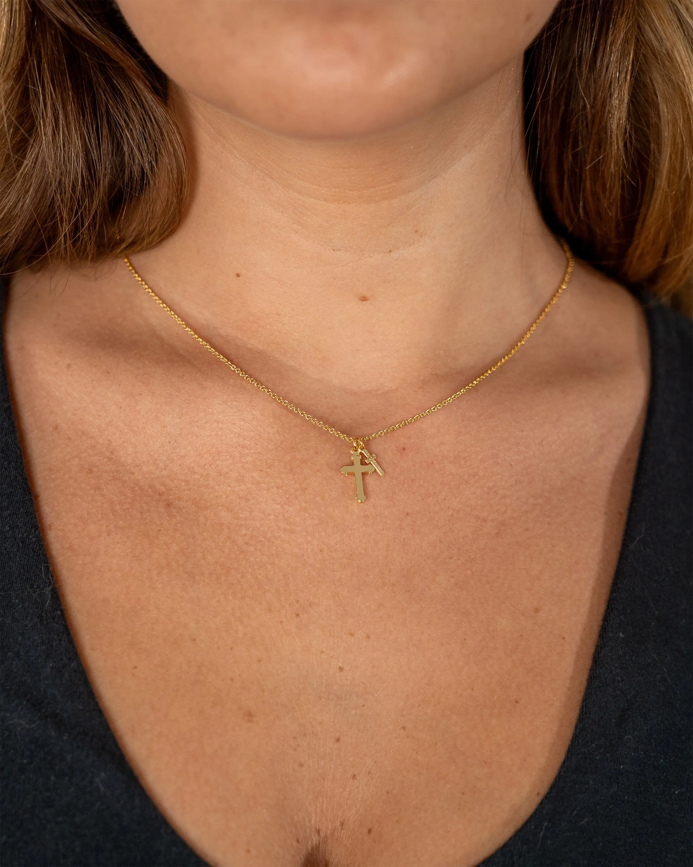 Gold Double Cross Pendant Necklace