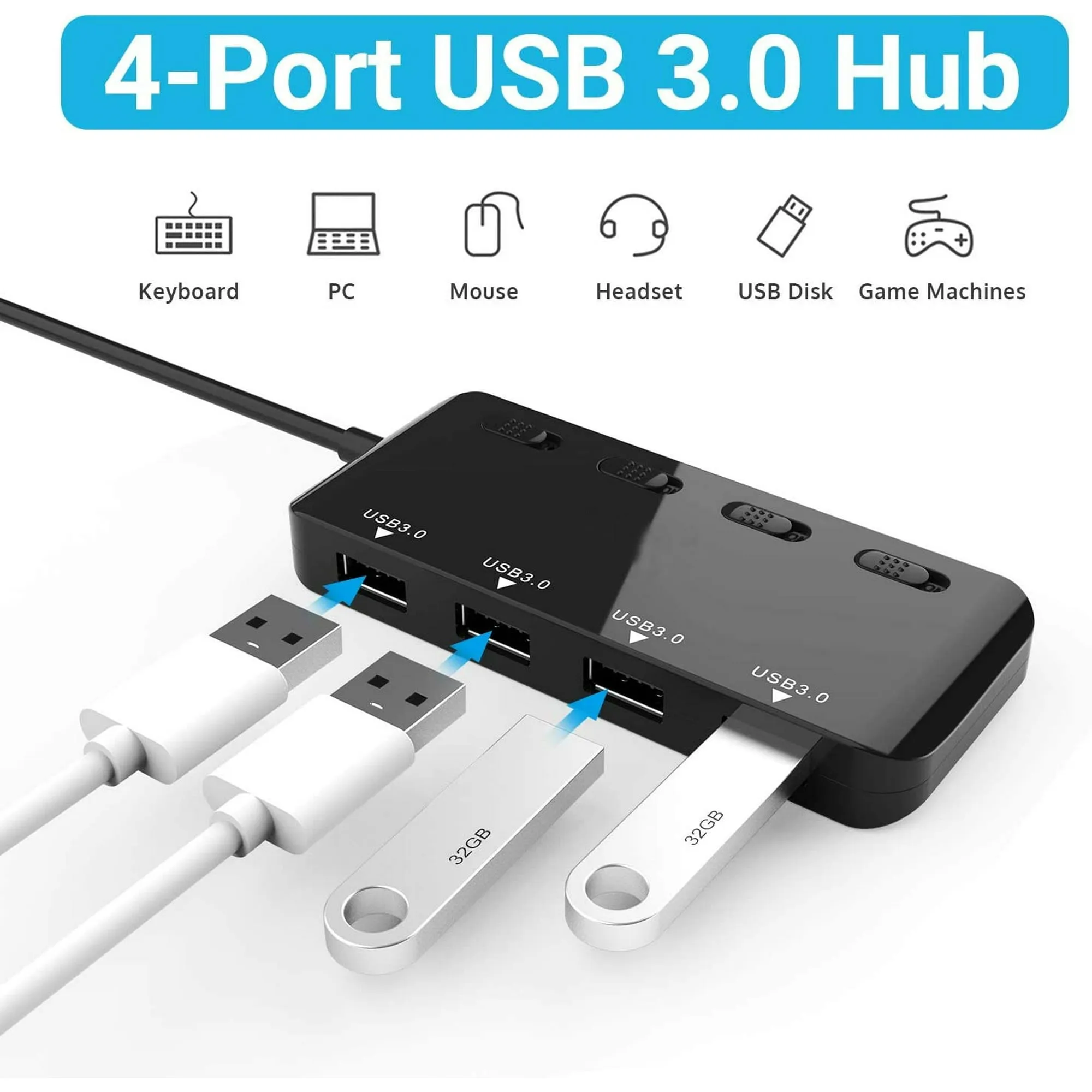 Hub Splitter Extender USB With Individual Power Switch and LED