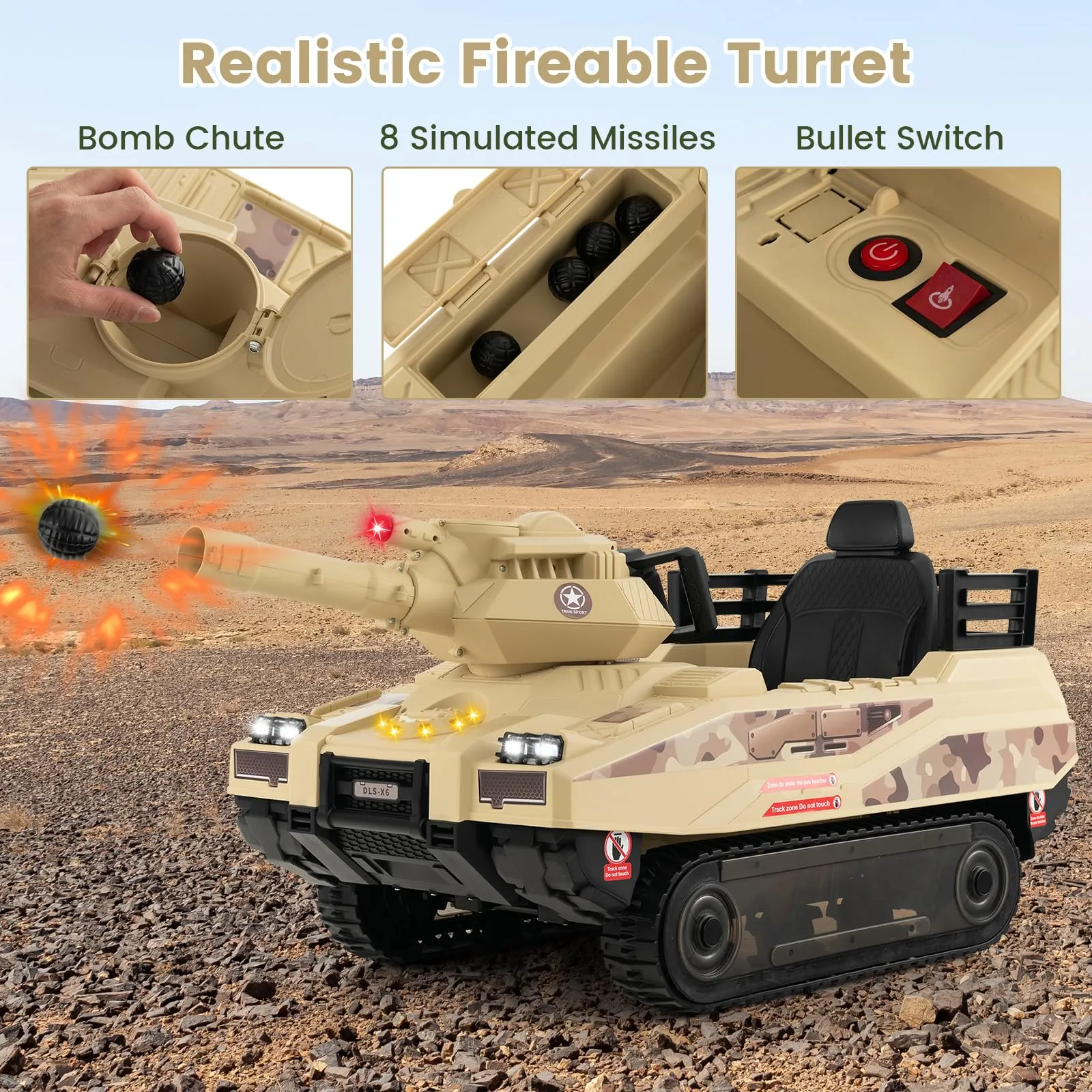 INFANS 12V Ride on Car, Kids Electric Tank with Remote Control, 8 Cannonballs, Rotating Turret, Battery Powered Army Tank Toy