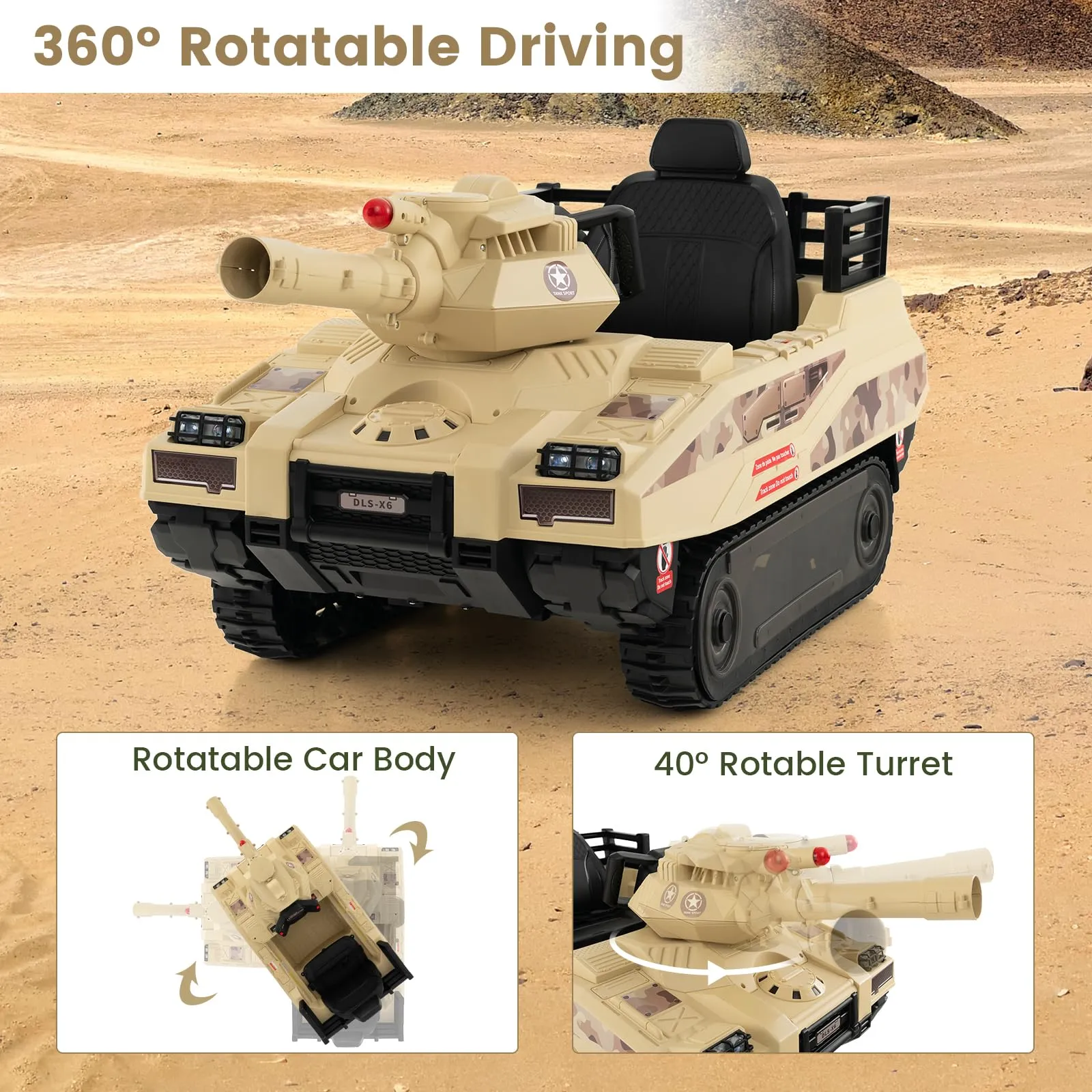 INFANS 12V Ride on Car, Kids Electric Tank with Remote Control, 8 Cannonballs, Rotating Turret, Battery Powered Army Tank Toy