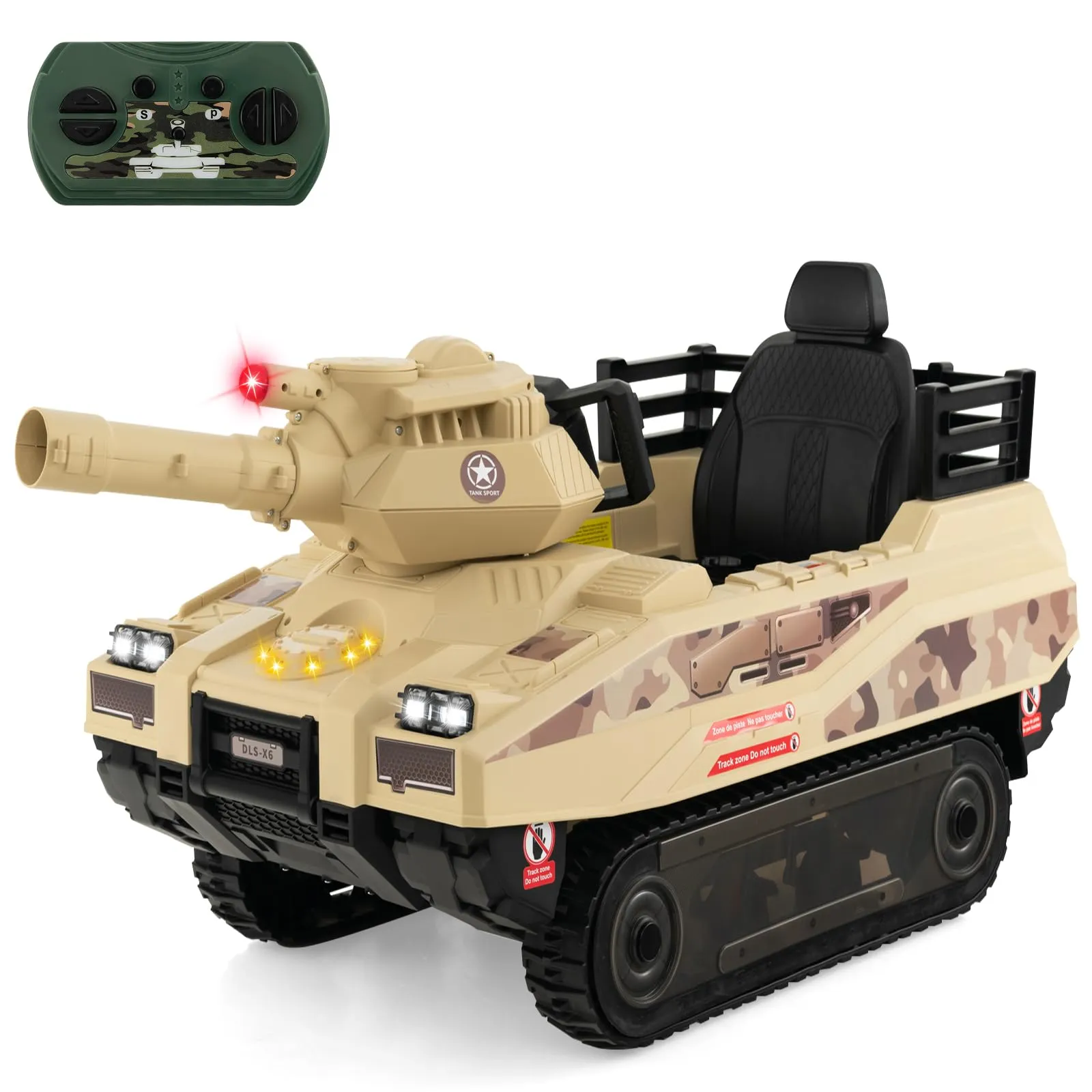 INFANS 12V Ride on Car, Kids Electric Tank with Remote Control, 8 Cannonballs, Rotating Turret, Battery Powered Army Tank Toy