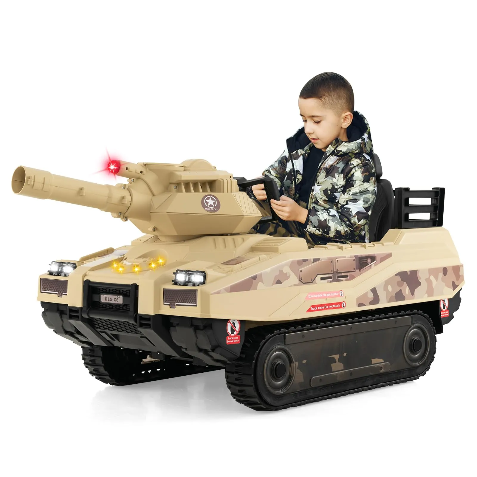 INFANS 12V Ride on Car, Kids Electric Tank with Remote Control, 8 Cannonballs, Rotating Turret, Battery Powered Army Tank Toy