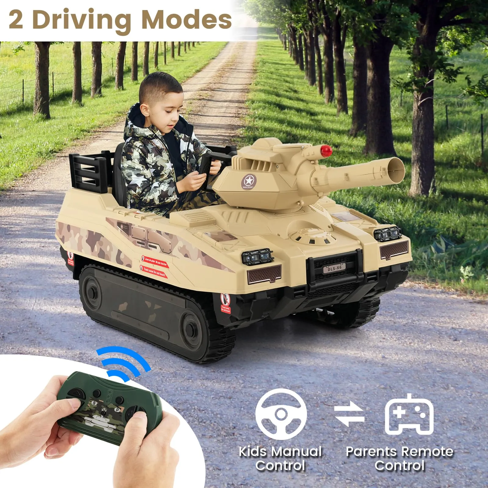 INFANS 12V Ride on Car, Kids Electric Tank with Remote Control, 8 Cannonballs, Rotating Turret, Battery Powered Army Tank Toy