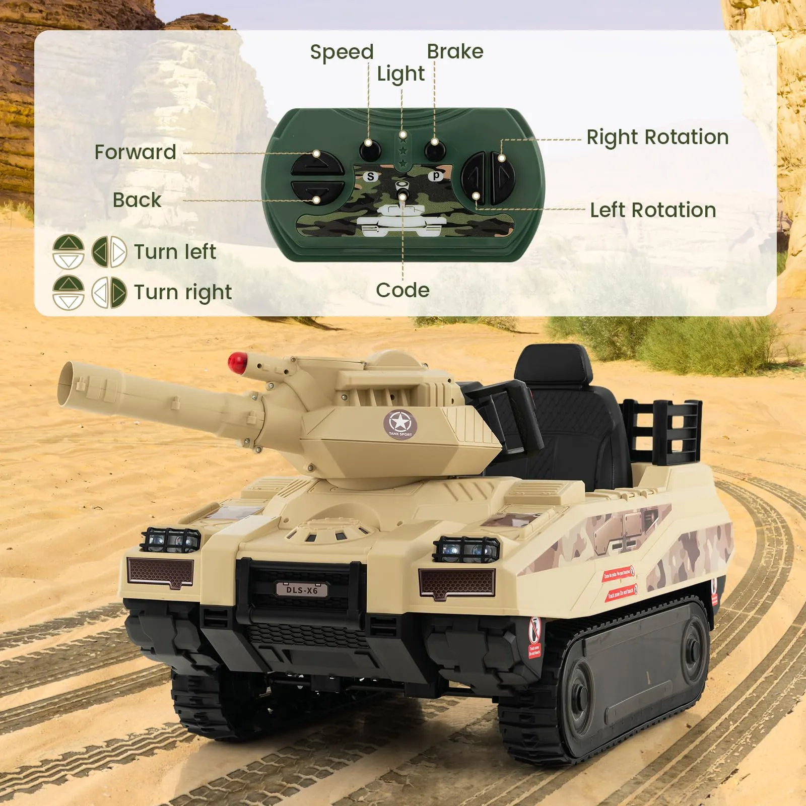 INFANS 12V Ride on Car, Kids Electric Tank with Remote Control, 8 Cannonballs, Rotating Turret, Battery Powered Army Tank Toy