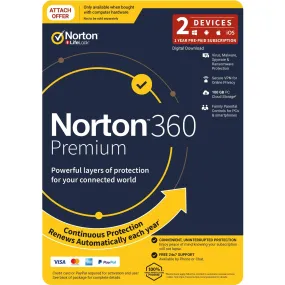 Norton 360 Premium (2-Device, 12-Month) [Digital Download - Attach version only*]