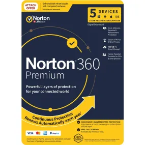 Norton 360 Premium (5-Device, 12-Month) [Digital Download - Attach version only*]