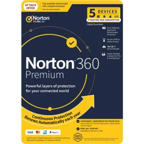 Norton 360 Premium (5-Device, 24-Month) [Digital Download - Attach version only*]