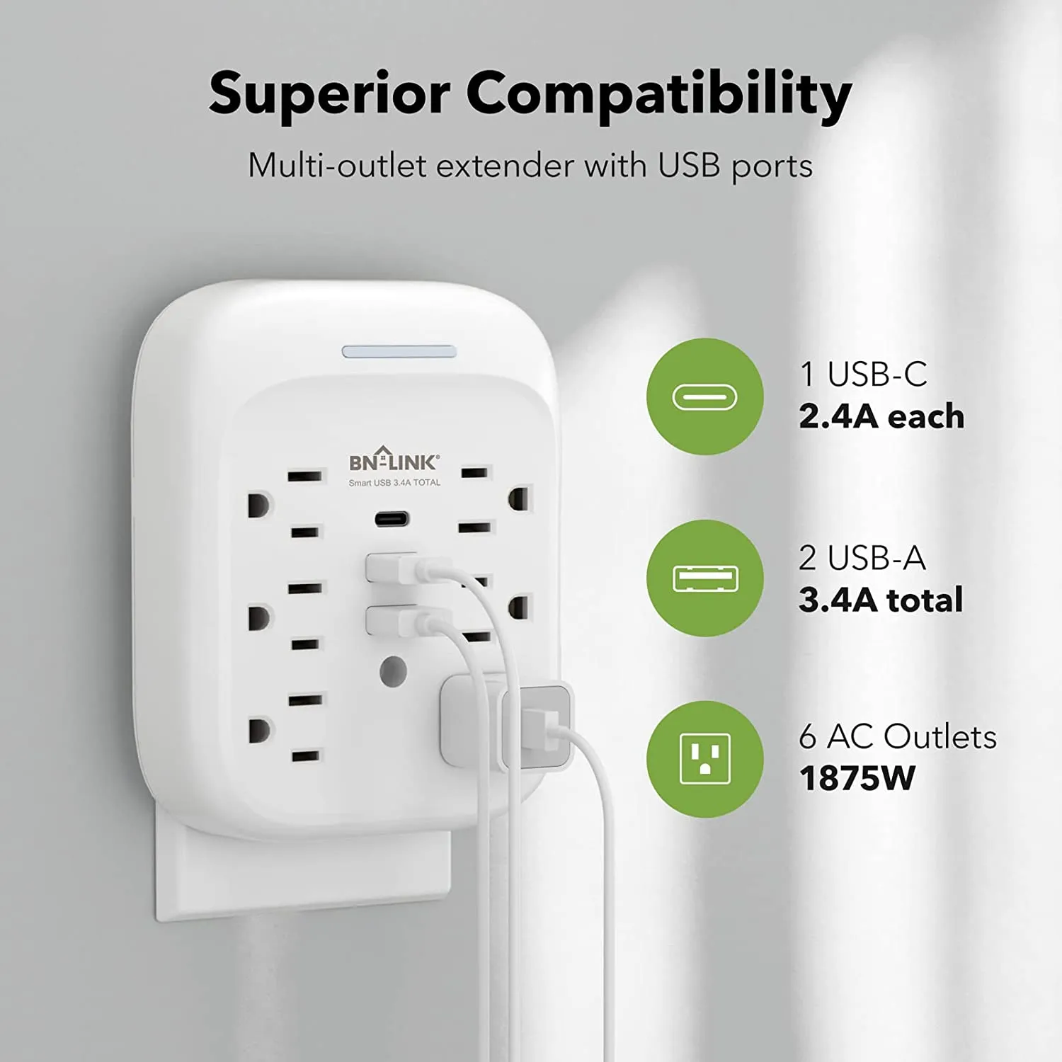 Outlet Extender Multi Plug with 3 USB Wall Charger 6 Outlet  Surge Protector BN-LINK