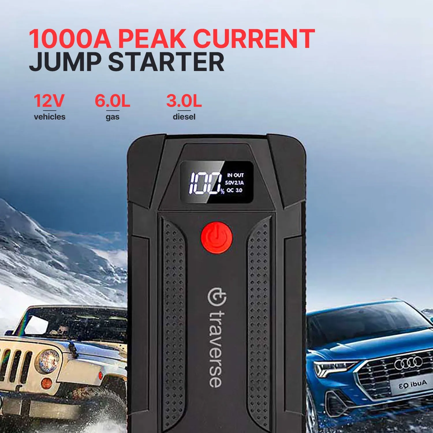 Portable UltraSafe Smart Jump Starter & Power Bank with Emergency Multimode Flash light and compass for Cars and Trucks  6.0L Gasoline and 3.0L Diesel Engines