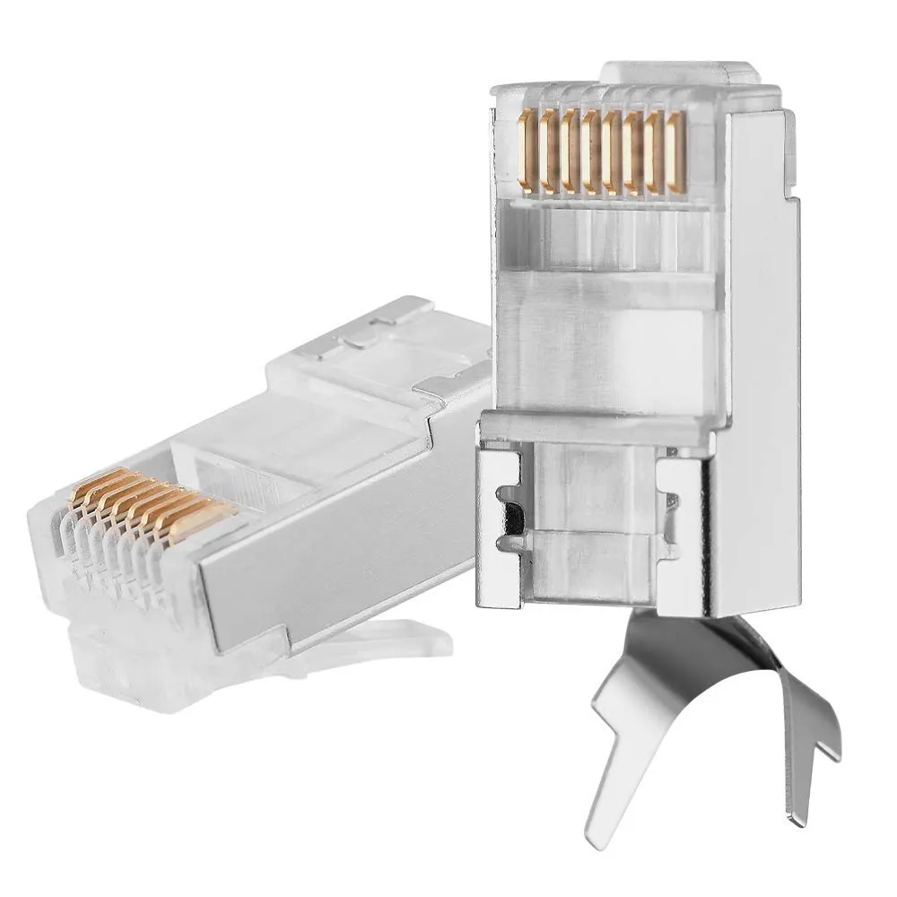 Rj45 Cat7 & Cat6A Crimping Connectors Rj45 8P8C Modular Plug 50U Nickel Plated 3 Prong Shielded Ftp/Stp External Ground