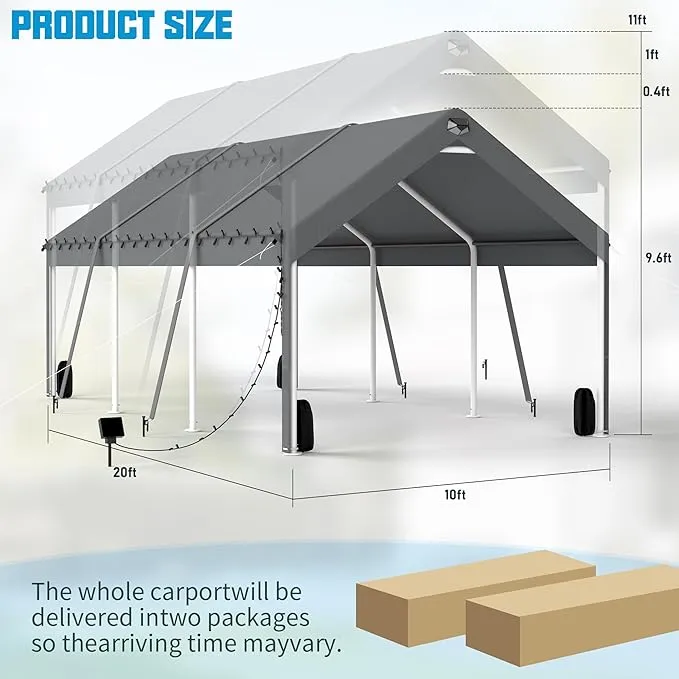 SANNWSG Carports 10x20FT Heavy Duty, Carport Canopy, Portable Car Port Garage Adjustable Height, Car Shelter All Weather, Grey