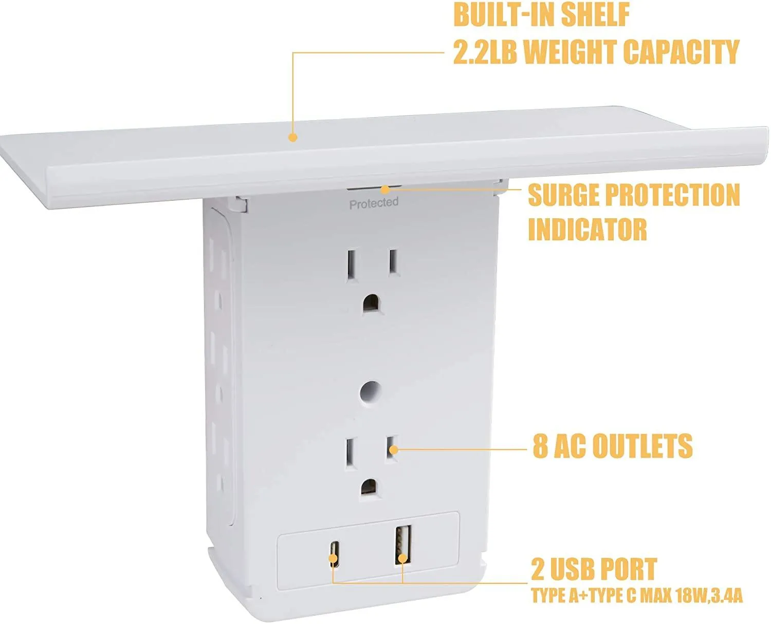 Socket Shelf Outlet 2 Pack Surge Protector Extender Wall plug with USB A C Ports(3.4A Total), 8 AC Outlets