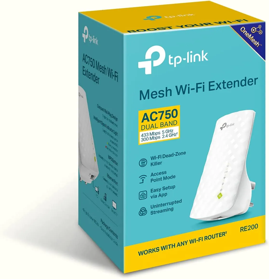 TP-LINK RE200 AC750 (300 433) AC Dual Band Wall-Plug WiFi Range Extender, Access Point Mode, Compatible with any Wi-Fi Router